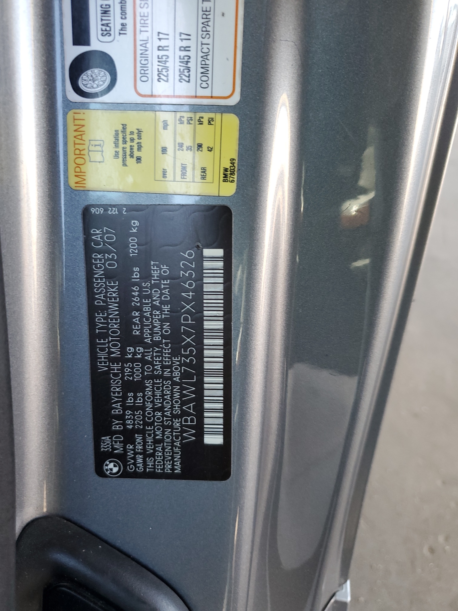 WBAWL735X7PX46326 2007 BMW 335 I