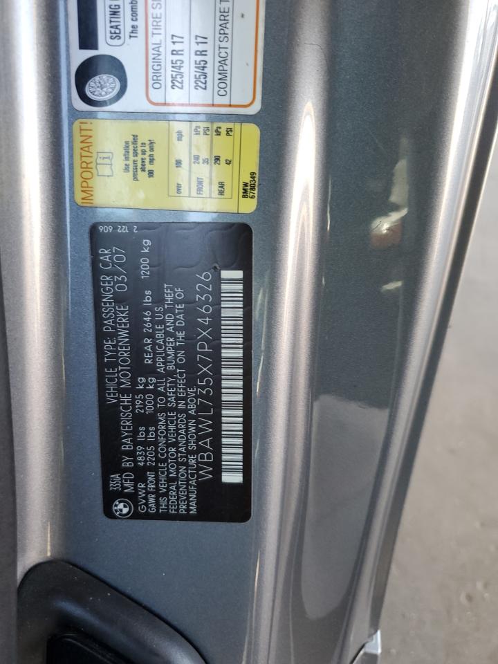 2007 BMW 335 I VIN: WBAWL735X7PX46326 Lot: 63435744