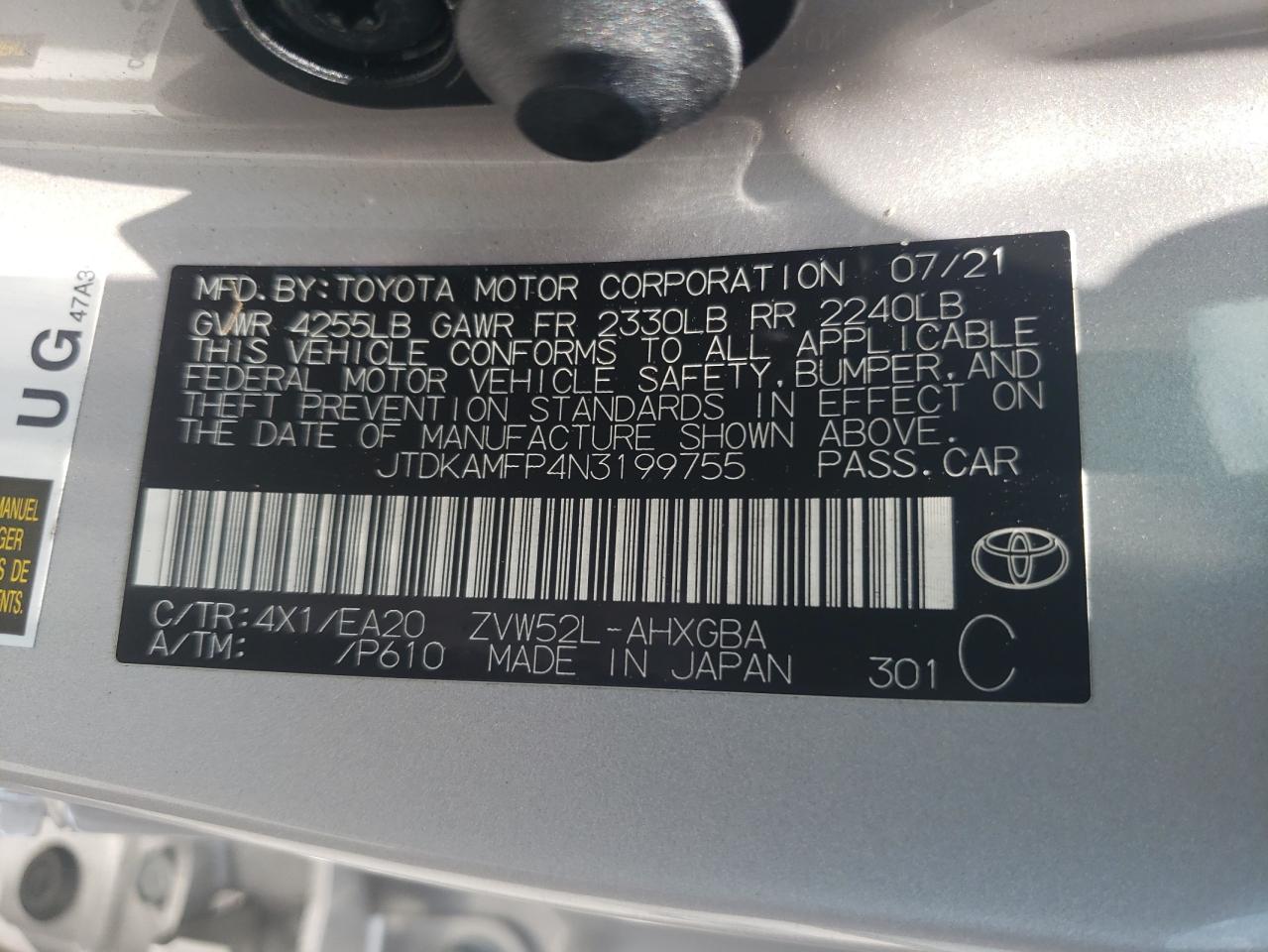 2022 Toyota Prius Prime Le VIN: JTDKAMFP4N3199755 Lot: 65117564