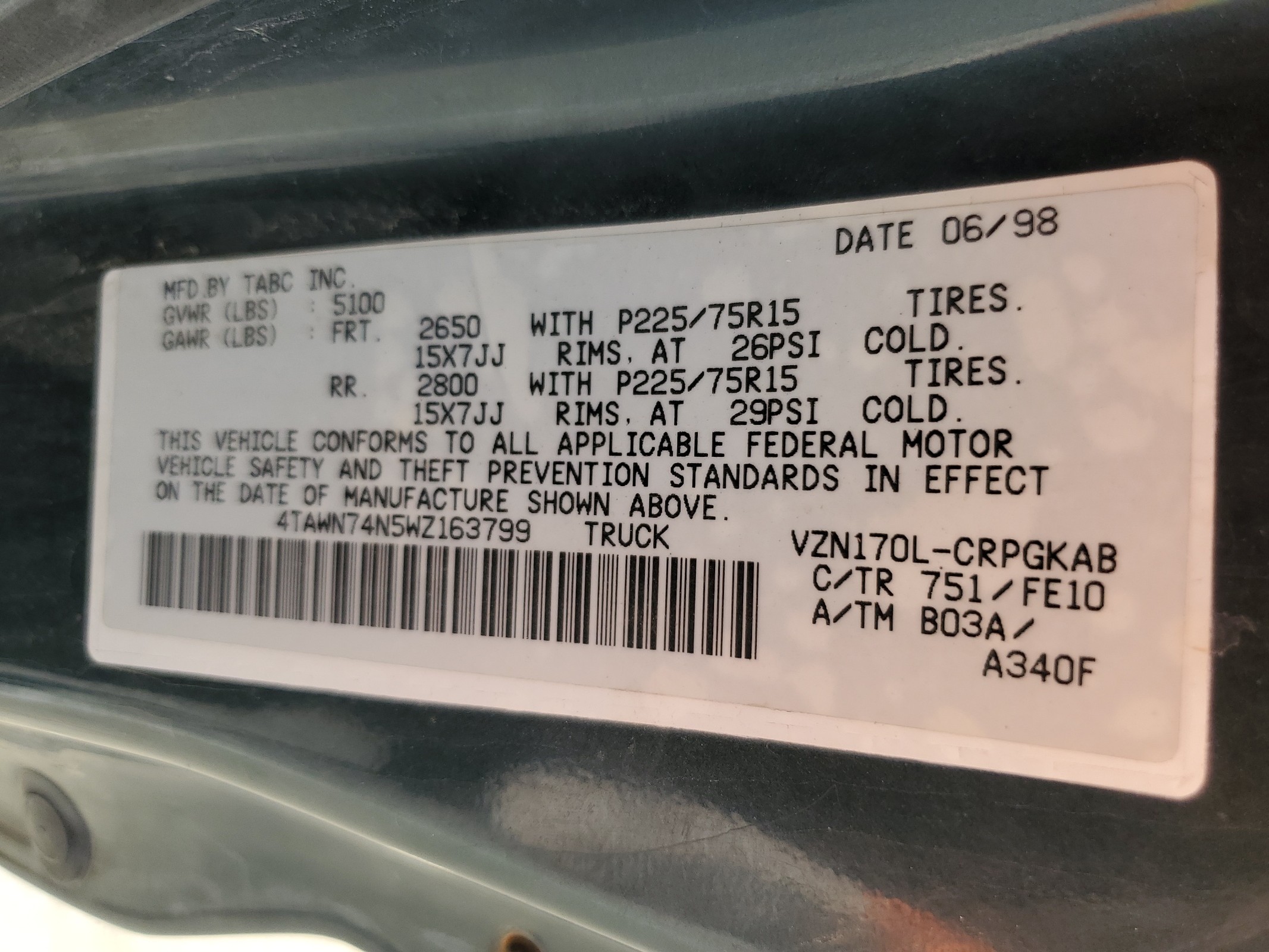 4TAWN74N5WZ163799 1998 Toyota Tacoma Xtracab Limited