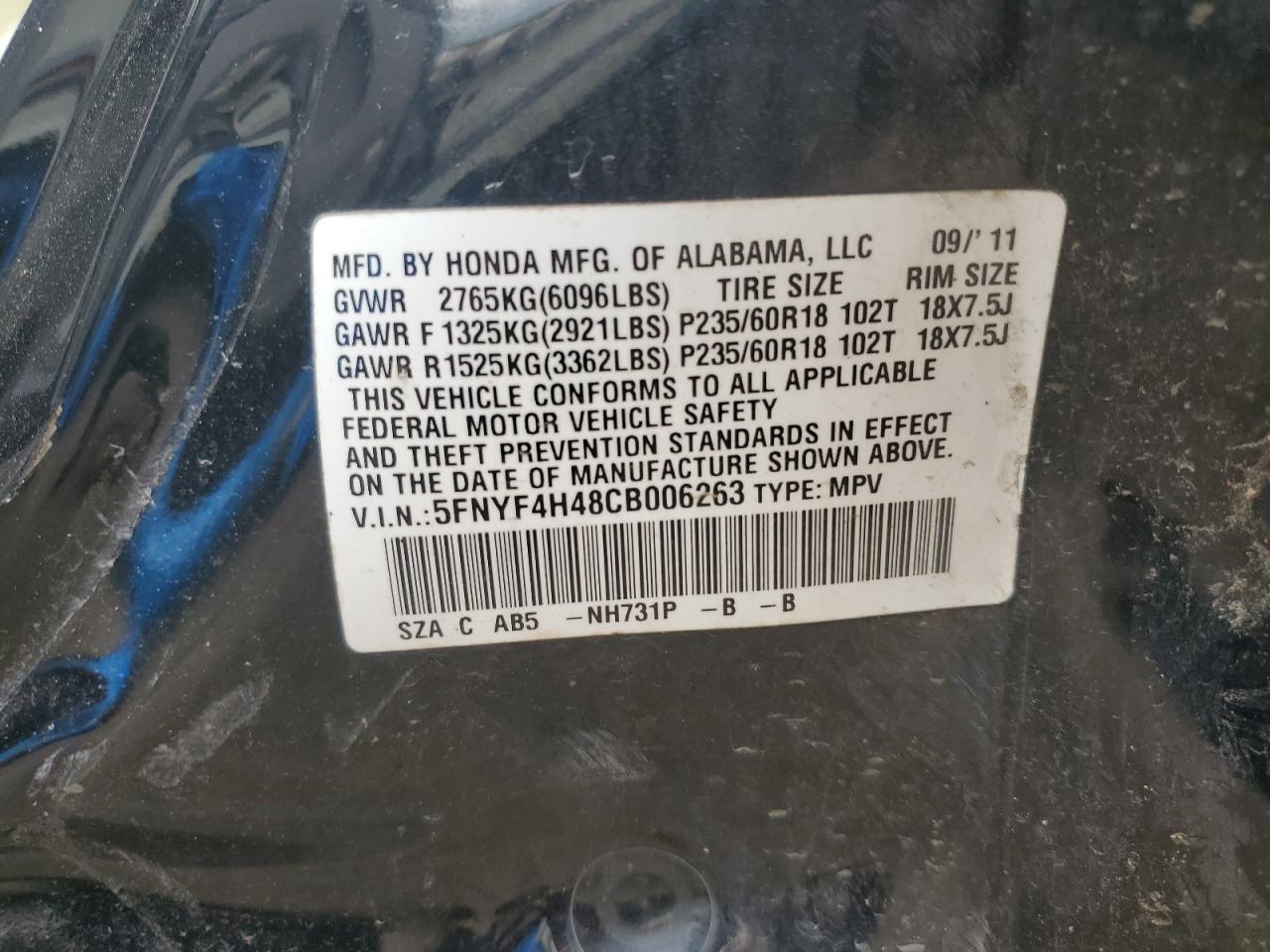 2012 Honda Pilot Ex VIN: 5FNYF4H48CB006263 Lot: 63813824