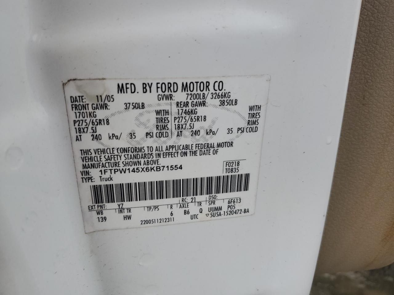 2006 Ford F150 Supercrew VIN: 1FTPW145X6KB71554 Lot: 63455084