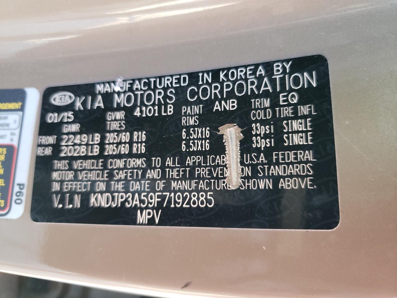 2015 Kia Soul + VIN: KNDJP3A59F7192885 Lot: 62535264