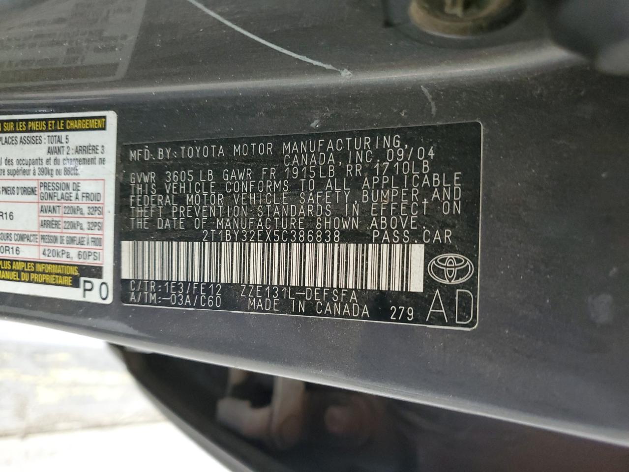 2005 Toyota Corolla Xrs VIN: 2T1BY32EX5C386838 Lot: 63179694