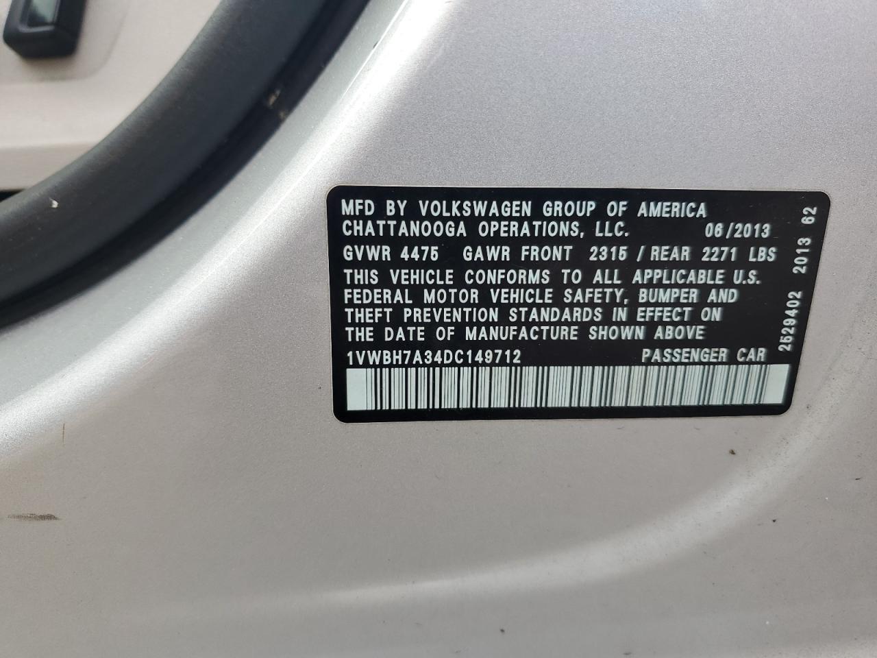 2013 Volkswagen Passat Se VIN: 1VWBH7A34DC149712 Lot: 63747124