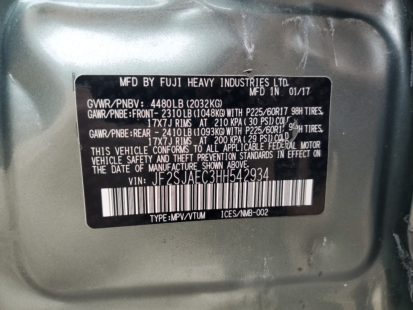 JF2SJAEC3HH542934 2017 Subaru Forester 2.5I Premium