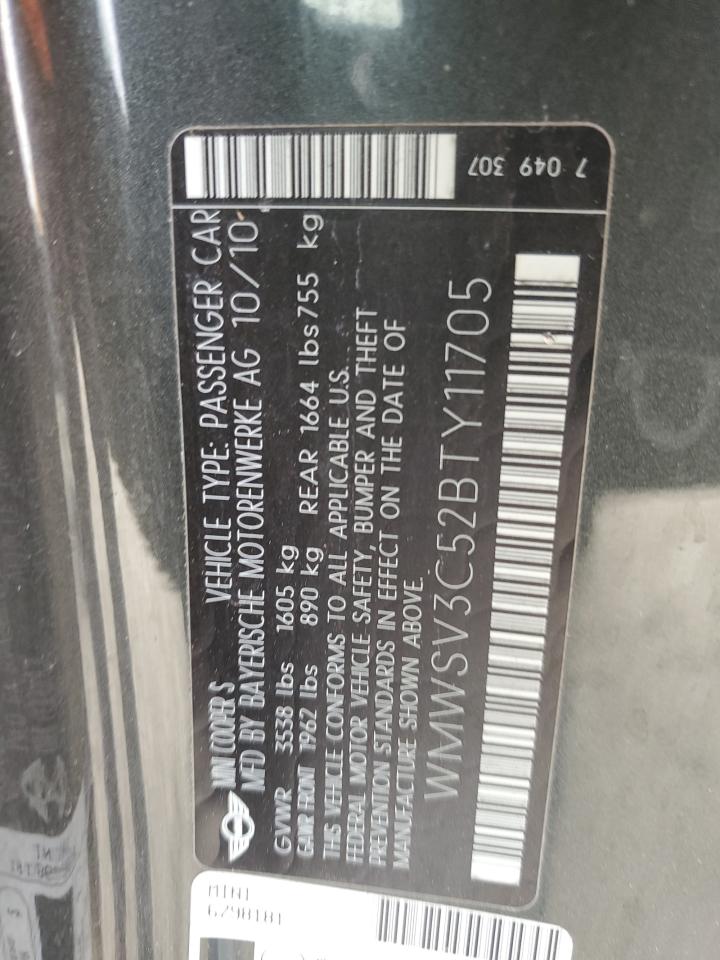 2011 Mini Cooper S VIN: WMWSV3C52BTY11705 Lot: 63174074
