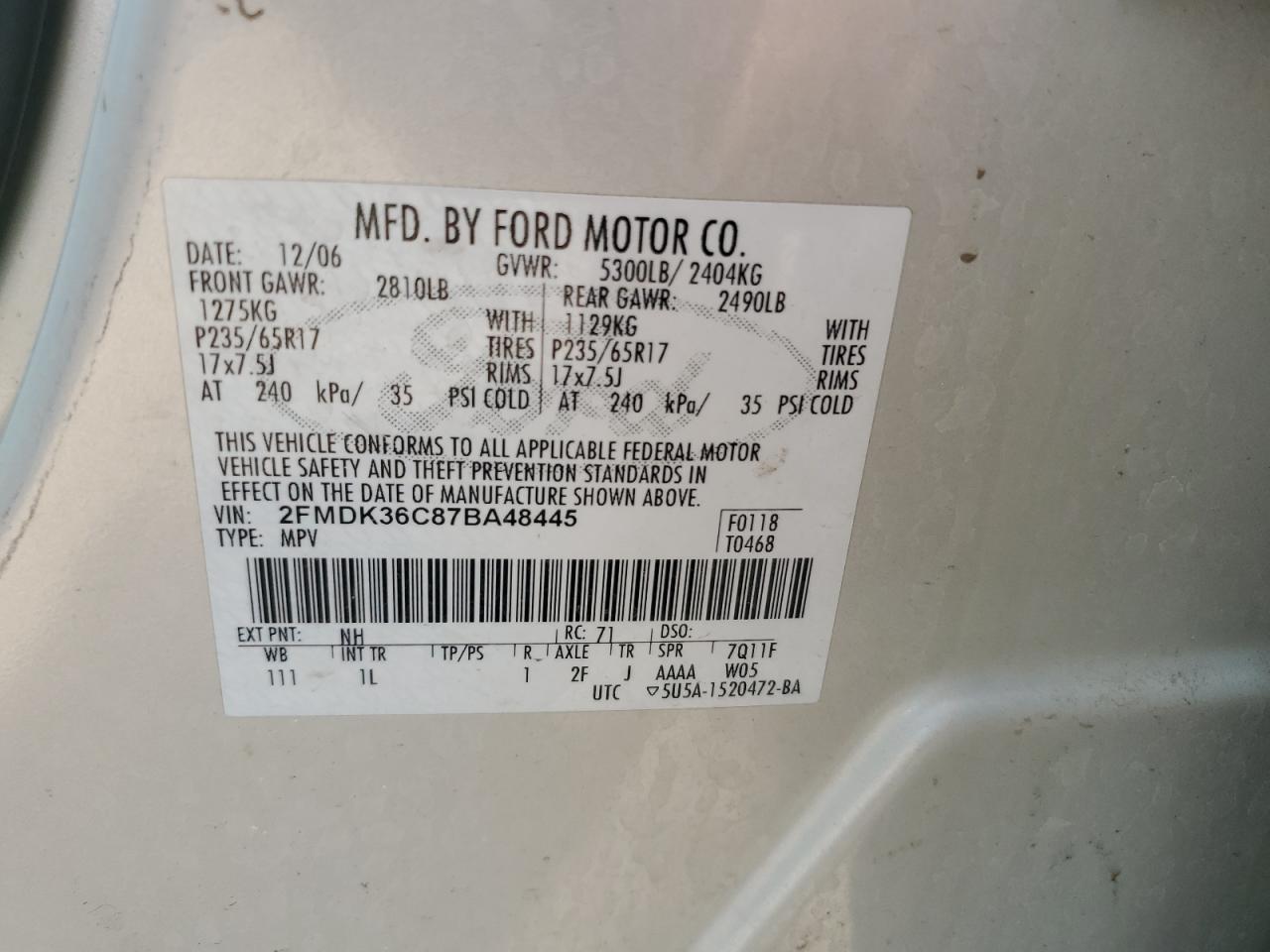 2007 Ford Edge Se VIN: 2FMDK36C87BA48445 Lot: 73289284