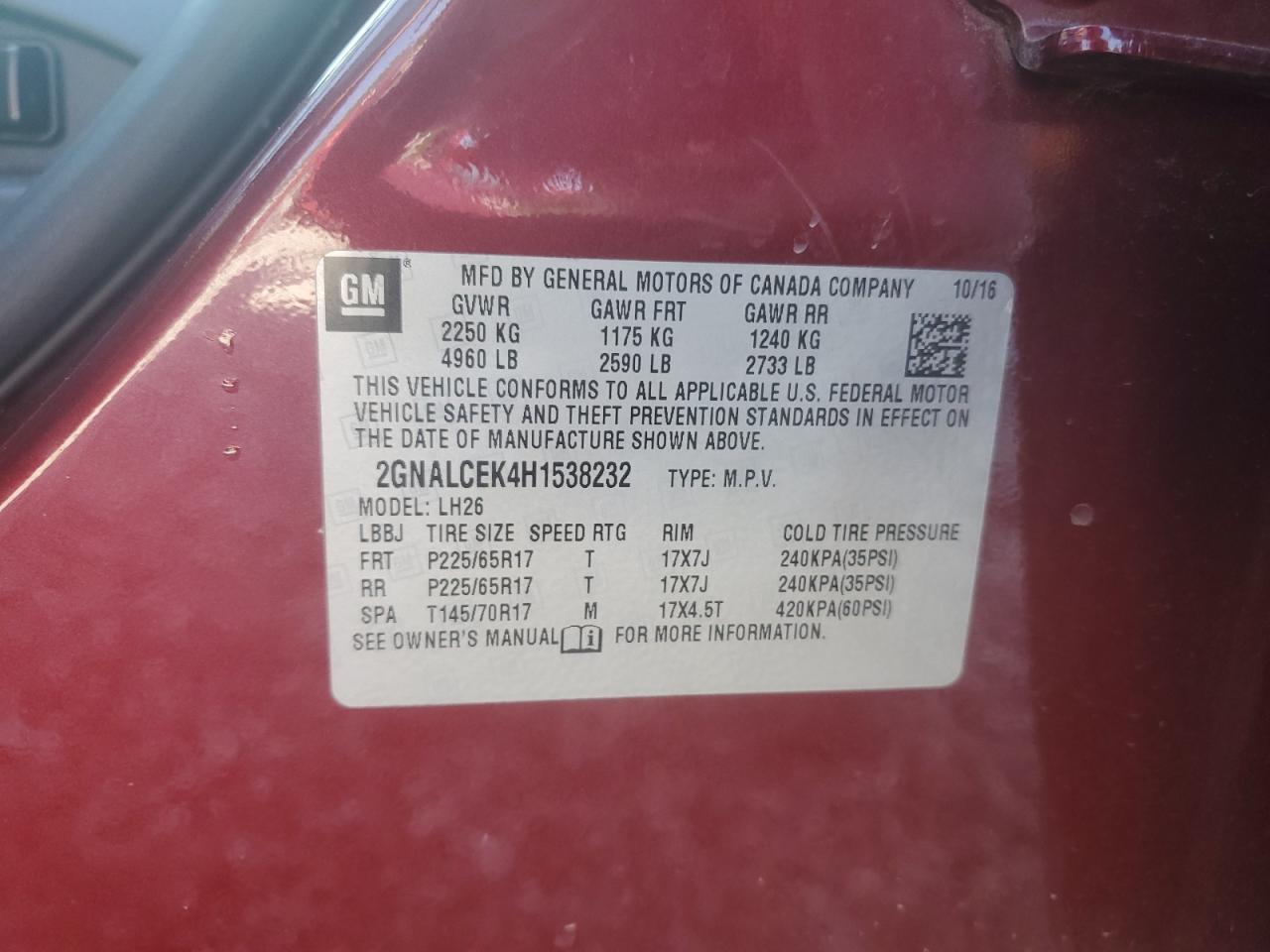 2017 Chevrolet Equinox Lt VIN: 2GNALCEK4H1538232 Lot: 63695174