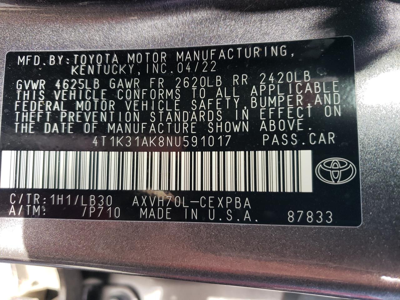 4T1K31AK8NU591017 2022 Toyota Camry Xse