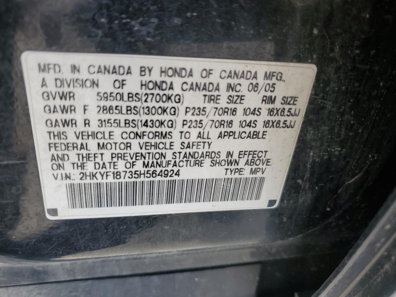 2005 Honda Pilot Exl VIN: 2HKYF18735H564924 Lot: 64621334