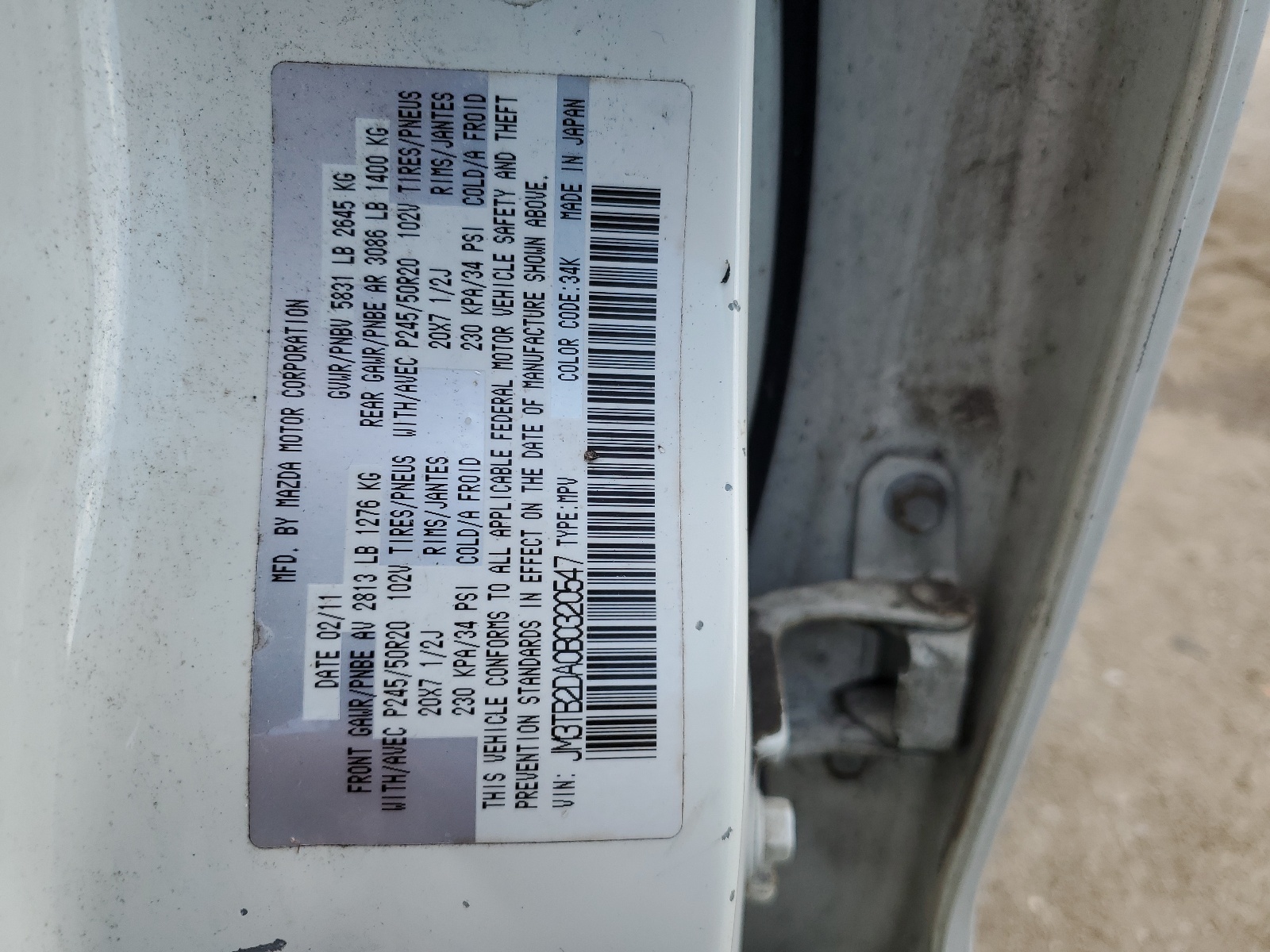 JM3TB2DA0B0320547 2011 Mazda Cx-9