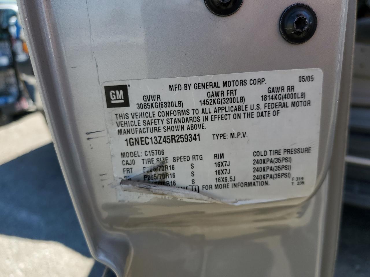 2005 Chevrolet Tahoe C1500 VIN: 1GNEC13Z45R259341 Lot: 61754144