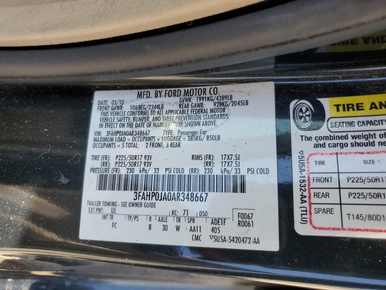 2010 Ford Fusion Sel VIN: 3FAHP0JA0AR348667 Lot: 63716604