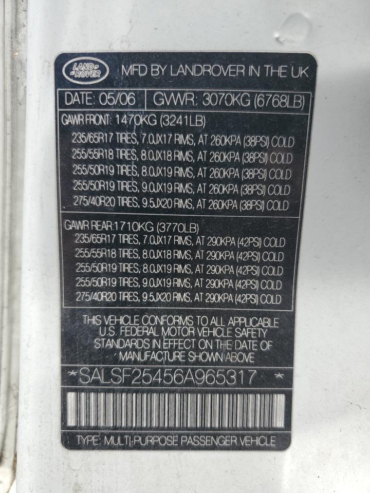 2006 Land Rover Range Rover Sport Hse VIN: SALSF25456A965317 Lot: 63462614