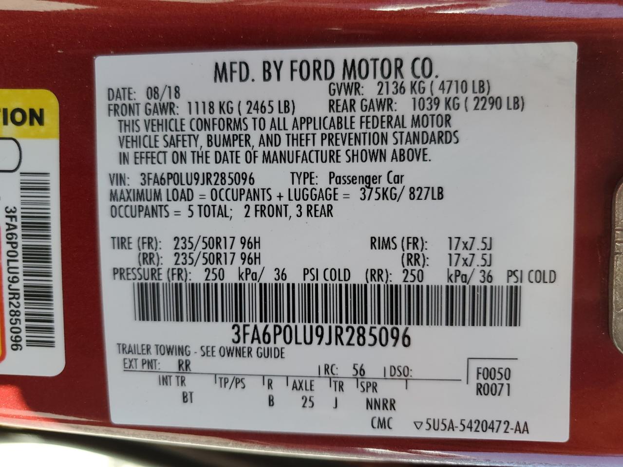 2018 Ford Fusion Se Hybrid VIN: 3FA6P0LU9JR285096 Lot: 61836534