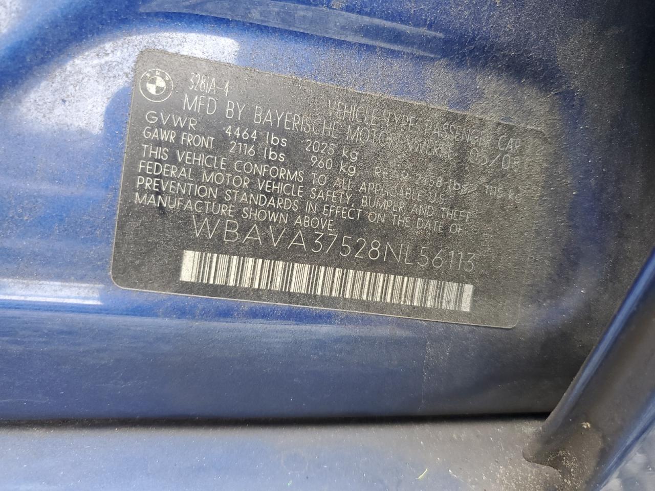 2008 BMW 328 I VIN: WBAVA37528NL56113 Lot: 64649684