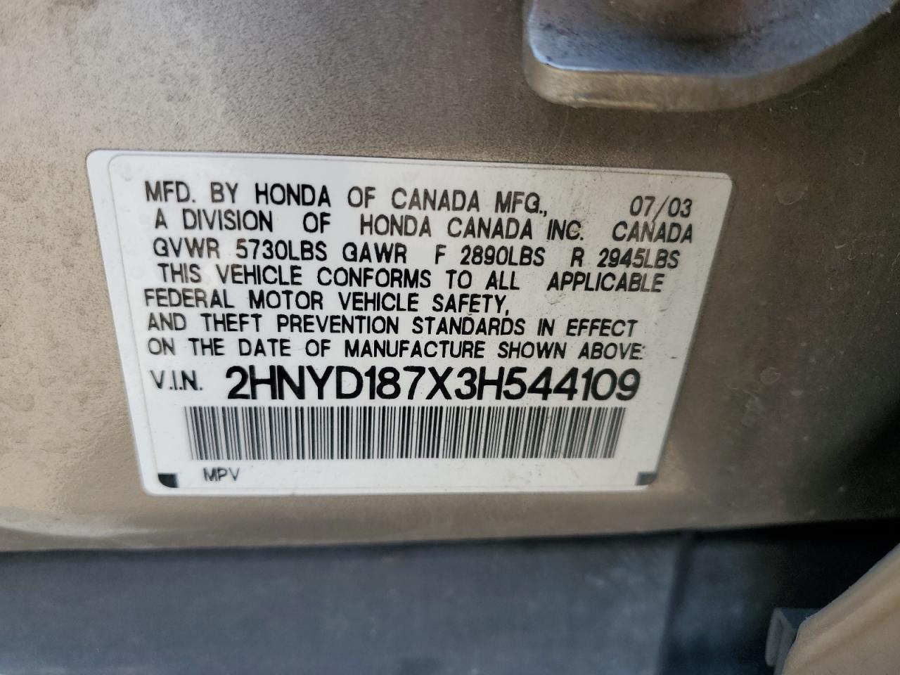 2003 Acura Mdx Touring VIN: 2HNYD187X3H544109 Lot: 63731864