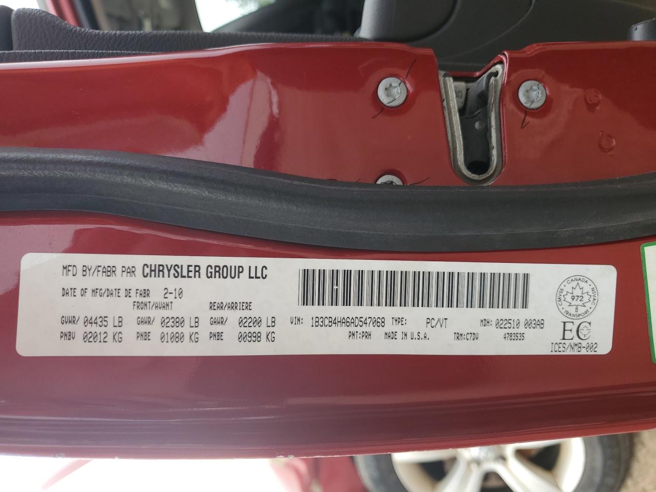2010 Dodge Caliber Sxt VIN: 1B3CB4HA6AD547068 Lot: 63618204