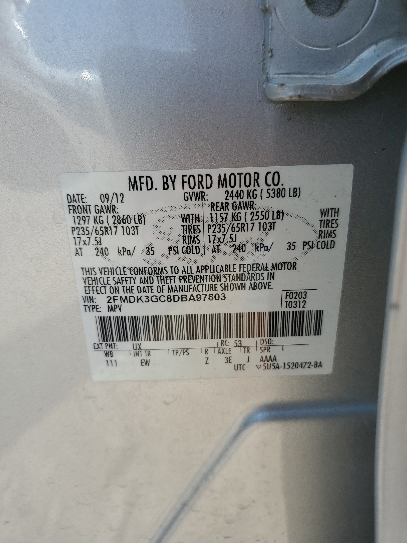 2FMDK3GC8DBA97803 2013 Ford Edge Se