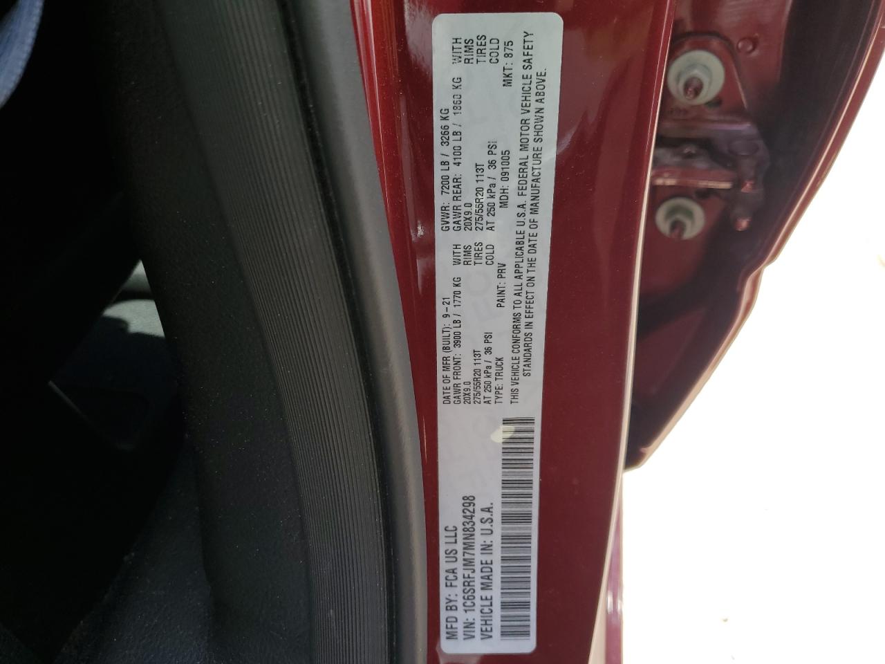 2021 Ram 1500 Laramie VIN: 1C6SRFJM7MN834298 Lot: 59756364