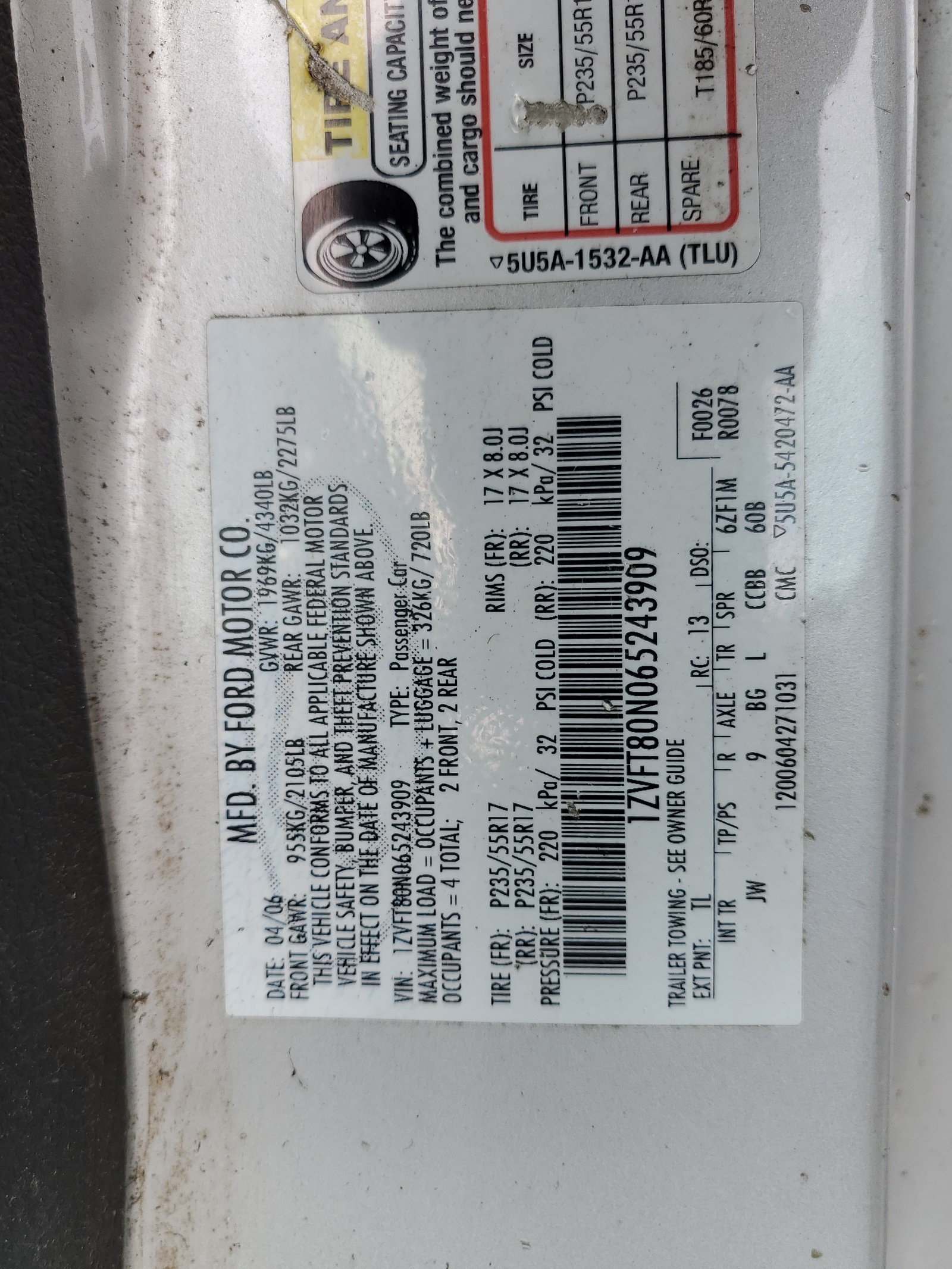 1ZVFT80N065243909 2006 Ford Mustang