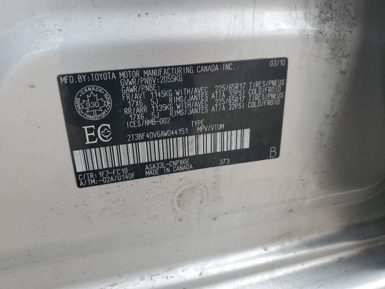 2010 Toyota Rav4 VIN: 2T3BF4DV6AW044151 Lot: 62424814