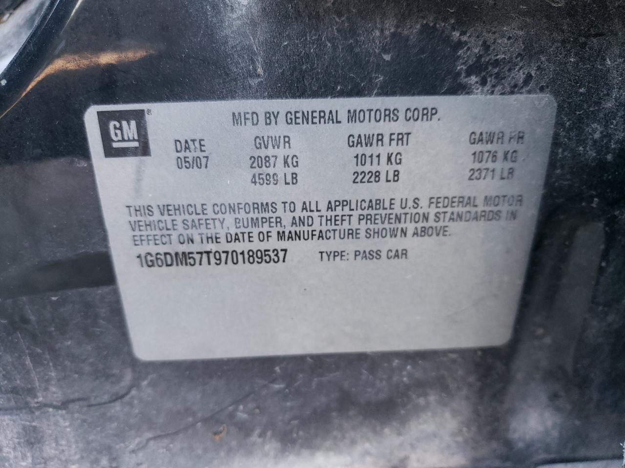 2007 Cadillac Cts VIN: 1G6DM57T970189537 Lot: 63847124