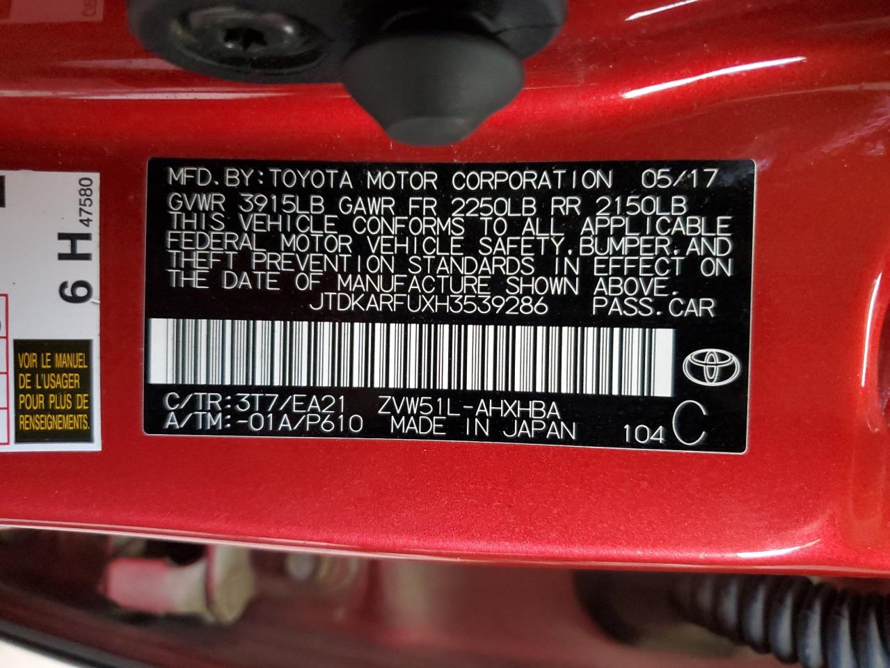 2017 Toyota Prius VIN: JTDKARFUXH3539286 Lot: 62986764