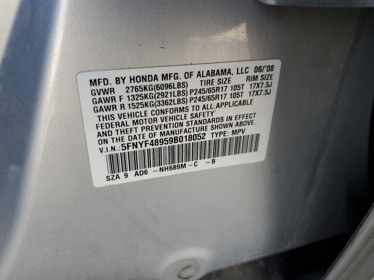 2009 Honda Pilot Touring VIN: 5FNYF48959B018052 Lot: 64442594