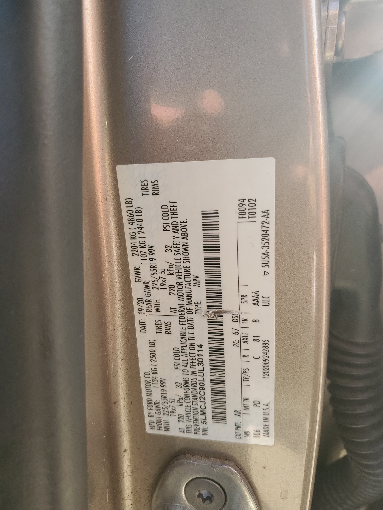 5LMCJ2C90LUL30114 2020 Lincoln Corsair Reserve