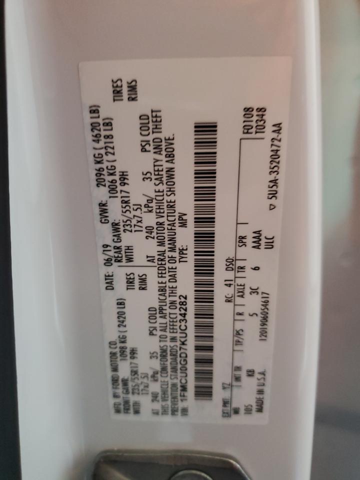 2019 Ford Escape Se VIN: 1FMCU0GD7KUC34282 Lot: 65486914