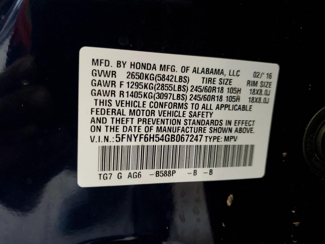 2016 Honda Pilot Exl VIN: 5FNYF6H54GB067247 Lot: 63809354