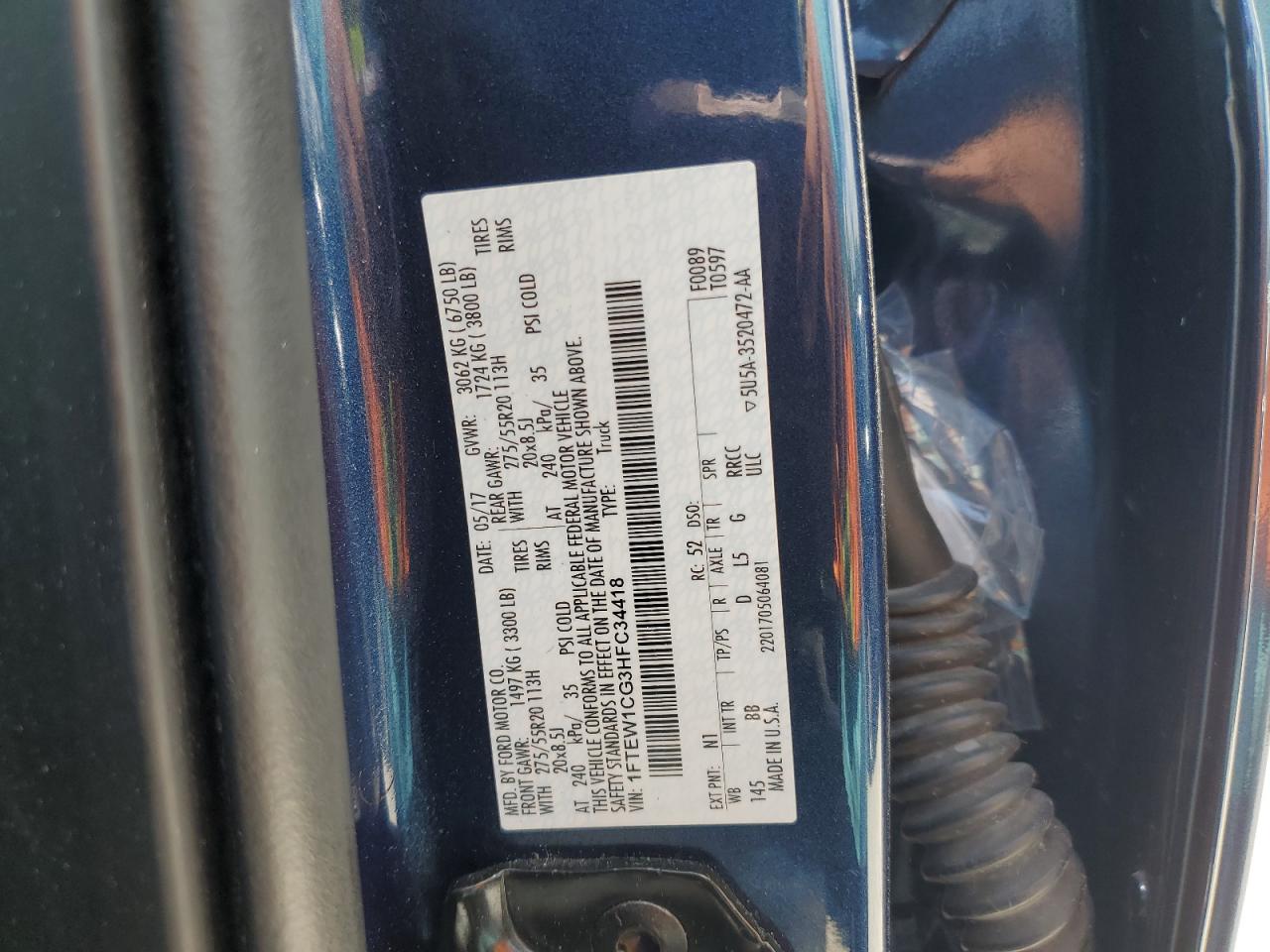 2017 Ford F150 Supercrew VIN: 1FTEW1CG3HFC34418 Lot: 61646664