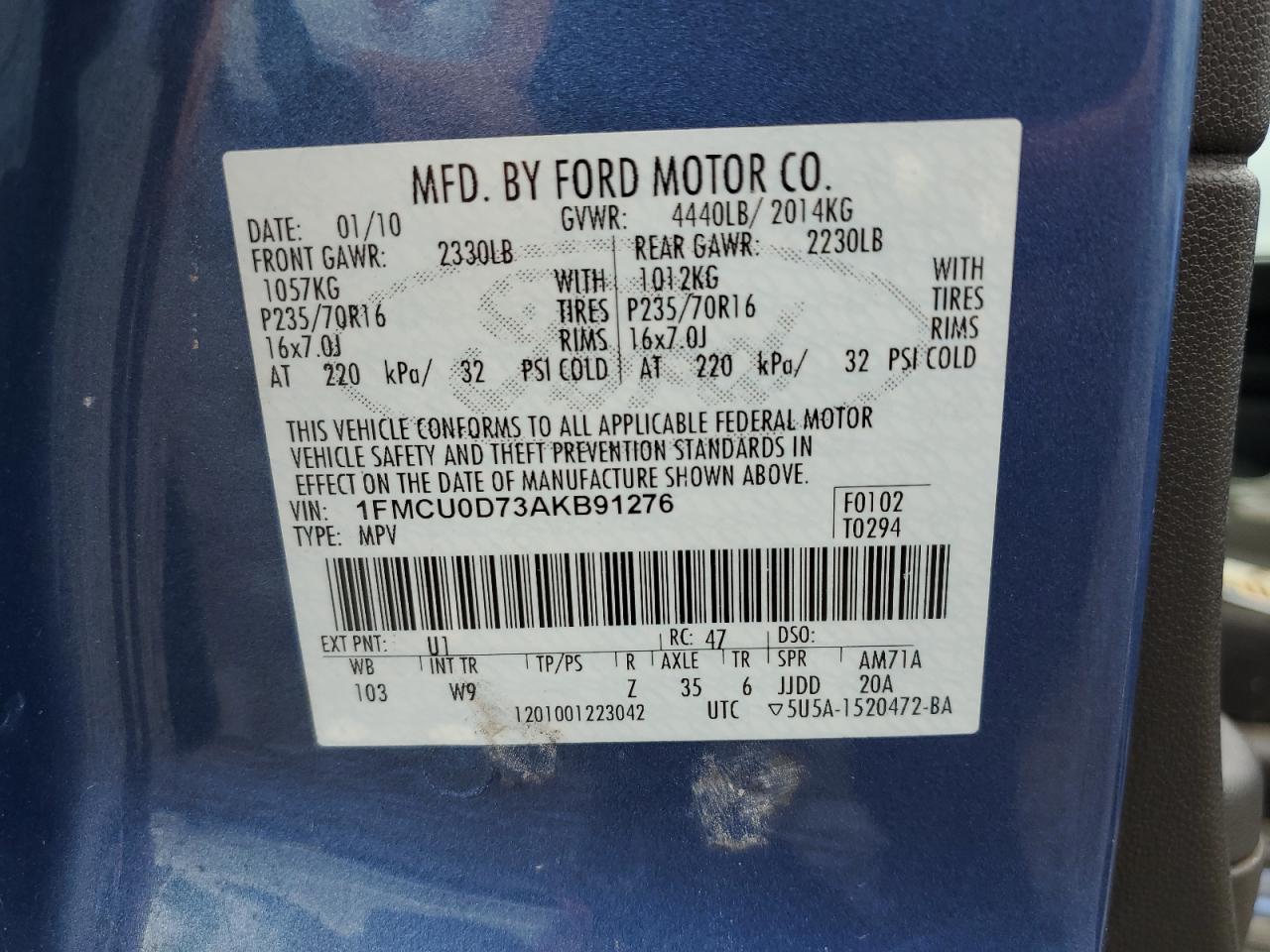 2010 Ford Escape Xlt VIN: 1FMCU0D73AKB91276 Lot: 65145924