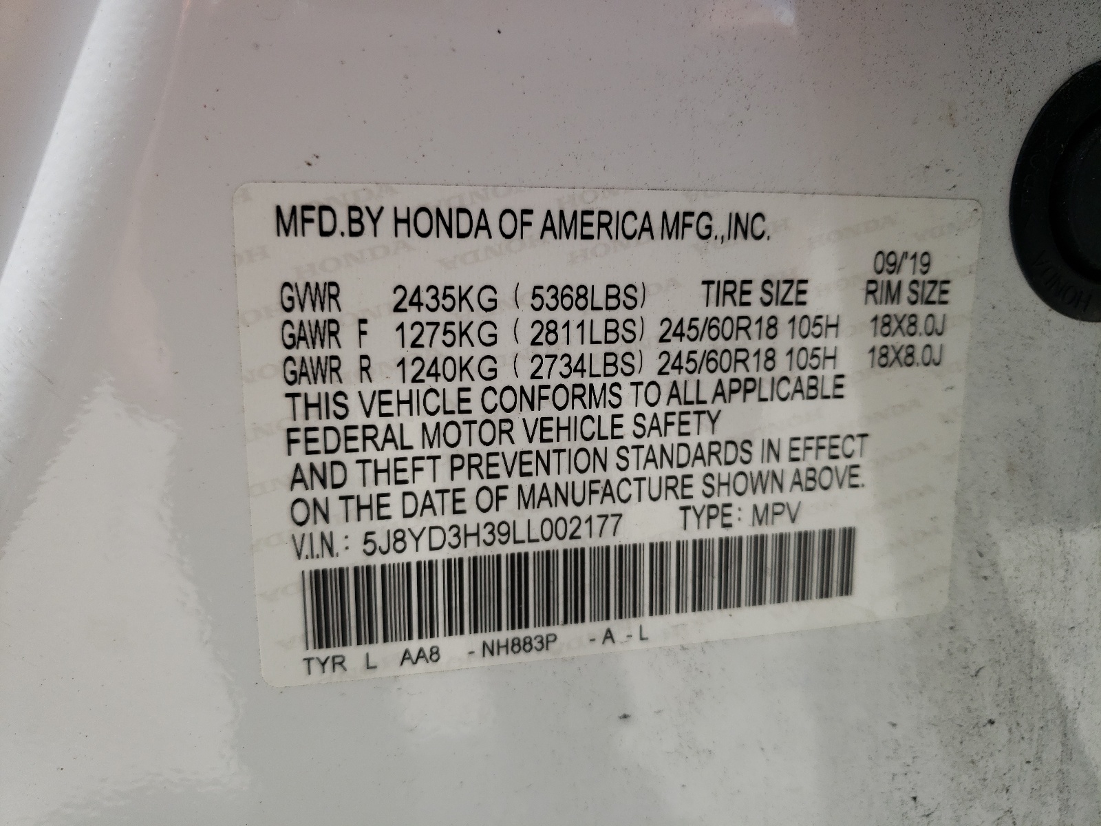 5J8YD3H39LL002177 2020 Acura Mdx