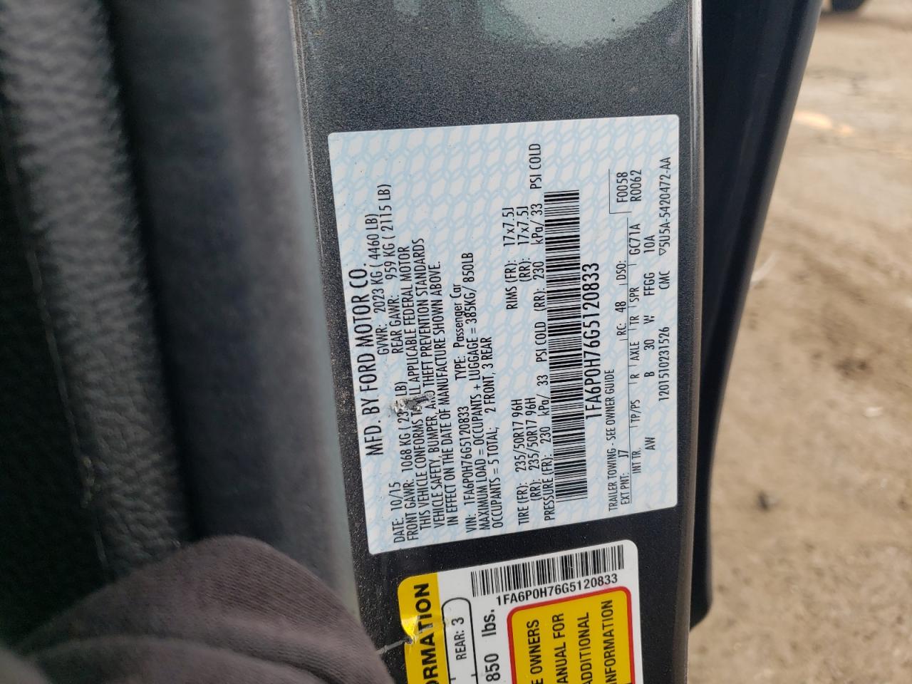 2016 Ford Fusion Se VIN: 1FA6P0H76G5120833 Lot: 63510344