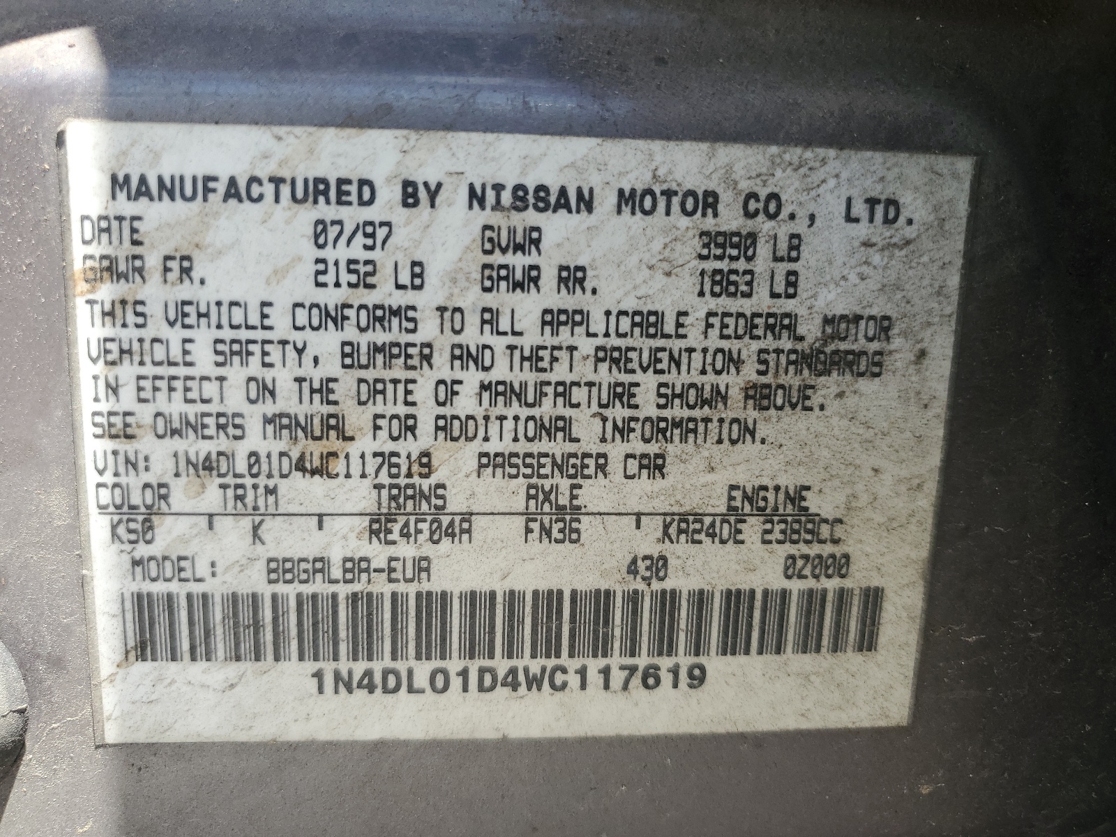 1N4DL01D4WC117619 1998 Nissan Altima Xe