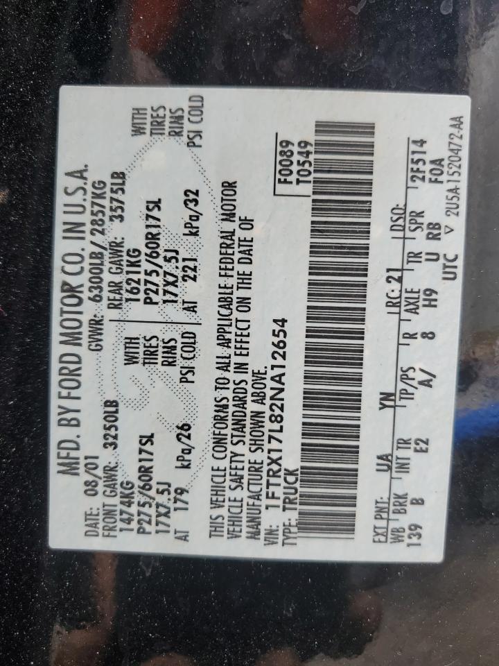 2002 Ford F150 VIN: 1FTRX17L82NA12654 Lot: 63099074