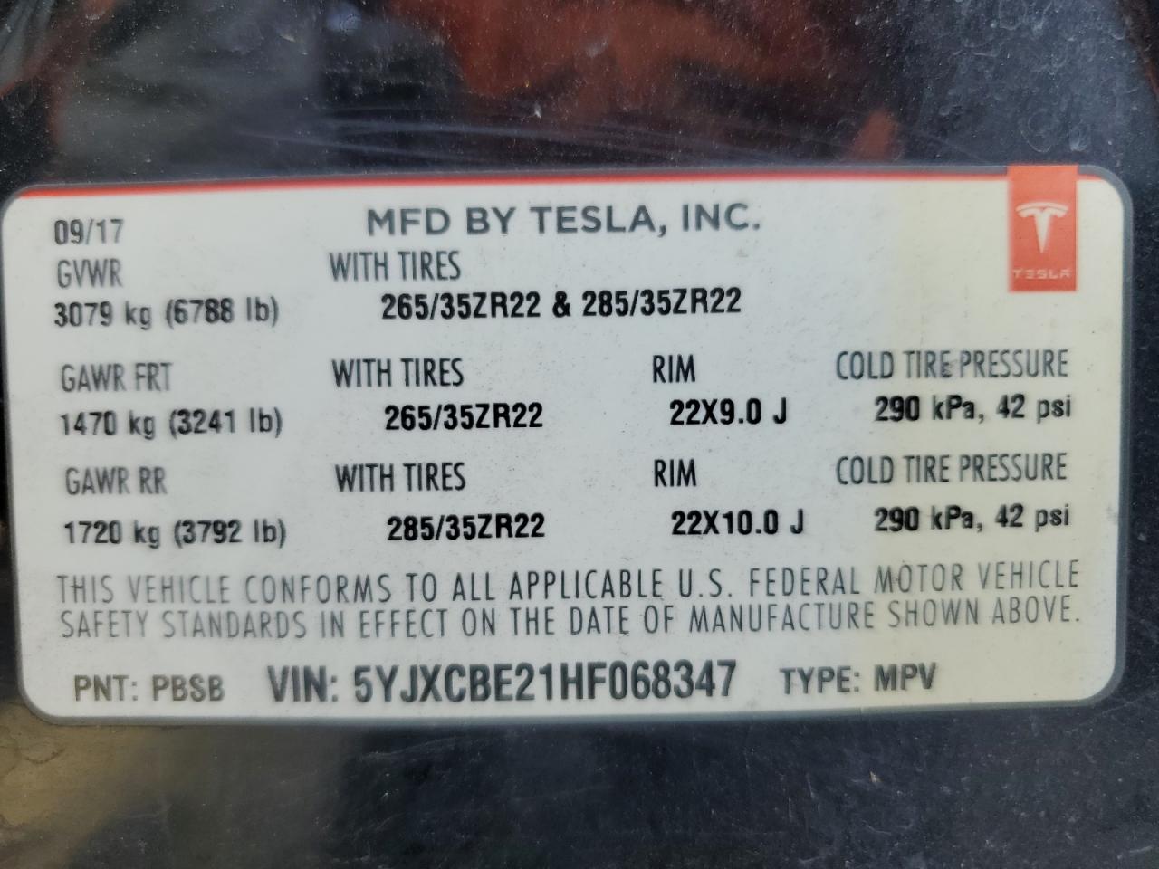 2017 Tesla Model X VIN: 5YJXCBE21HF068347 Lot: 63928014