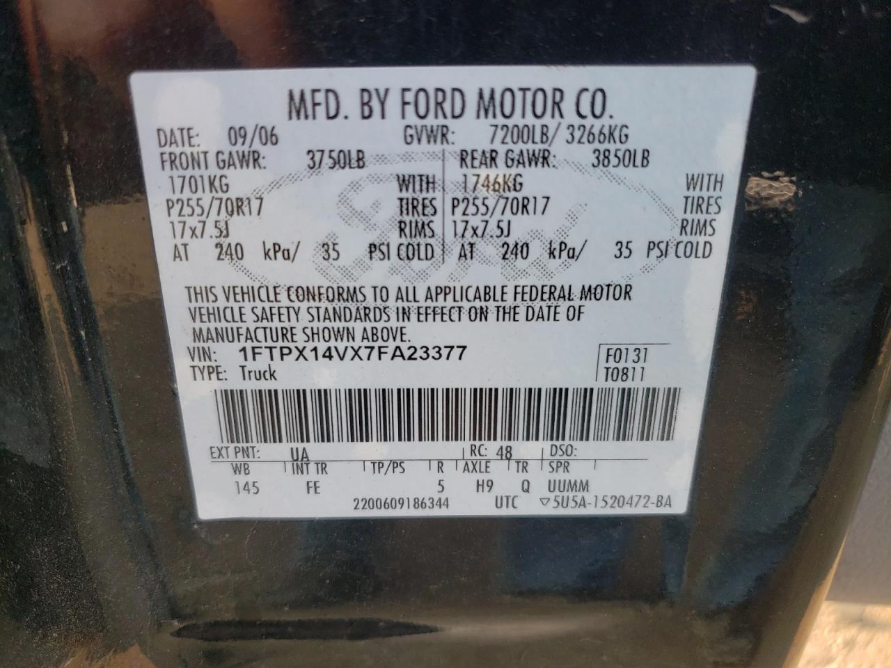 2007 Ford F150 VIN: 1FTPX14VX7FA23377 Lot: 64558174