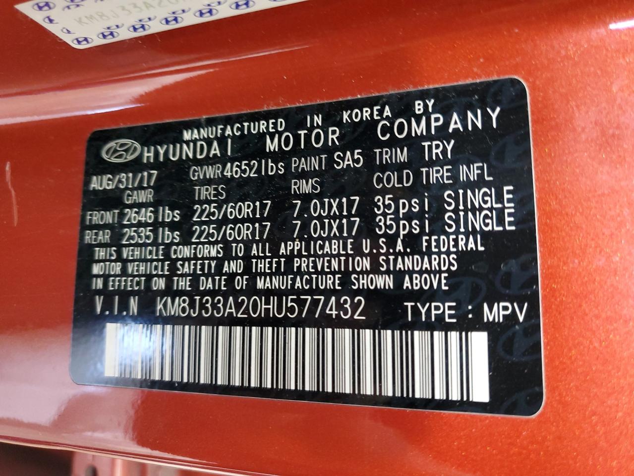 2017 Hyundai Tucson Limited VIN: KM8J33A20HU577432 Lot: 64183204