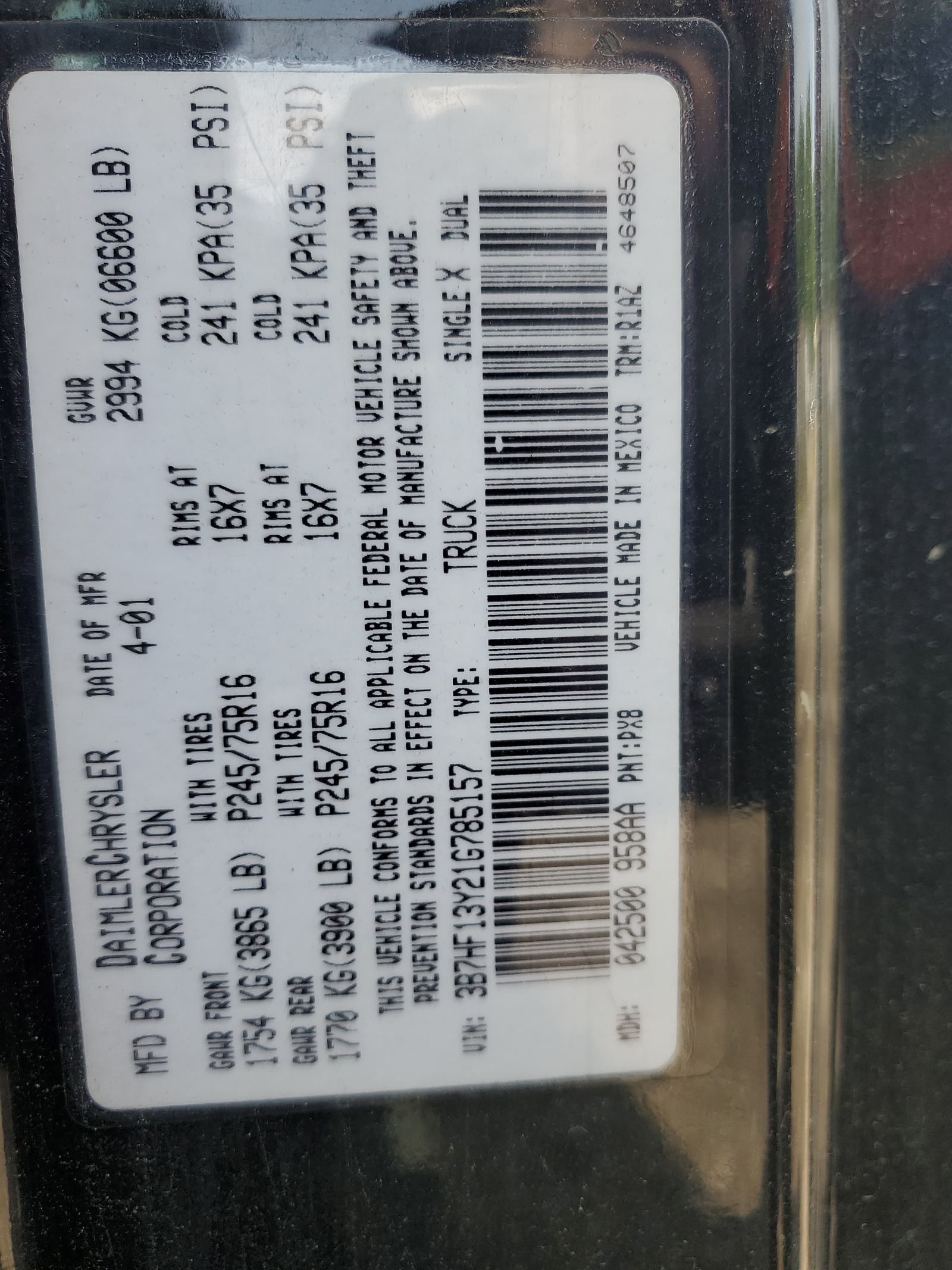 3B7HF13Y21G785157 2001 Dodge Ram 1500