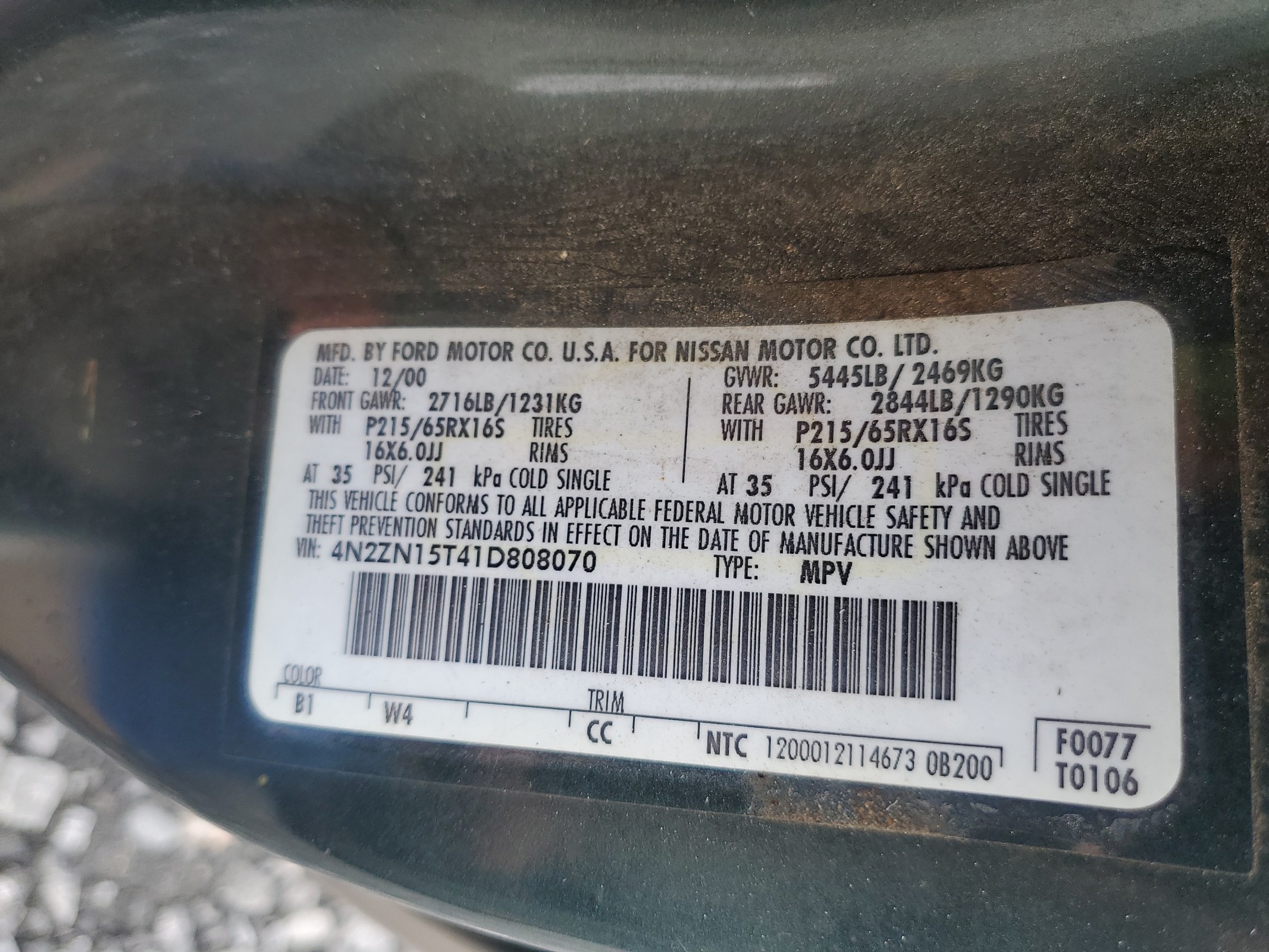 4N2ZN15T41D808070 2001 Nissan Quest Gxe