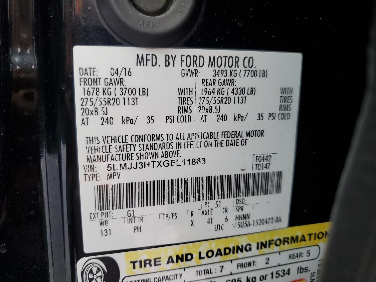 2016 Lincoln Navigator L Select VIN: 5LMJJ3HTXGEL11863 Lot: 60506144