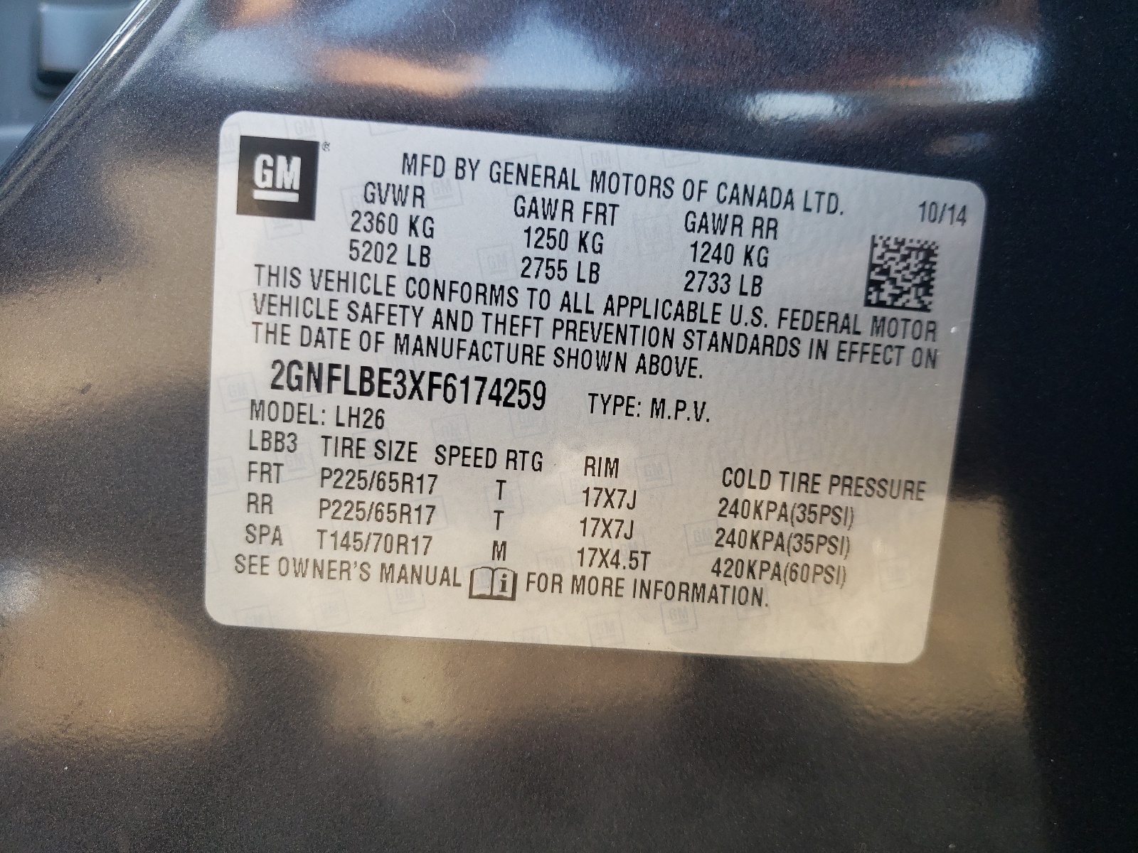 2GNFLBE3XF6174259 2015 Chevrolet Equinox Lt