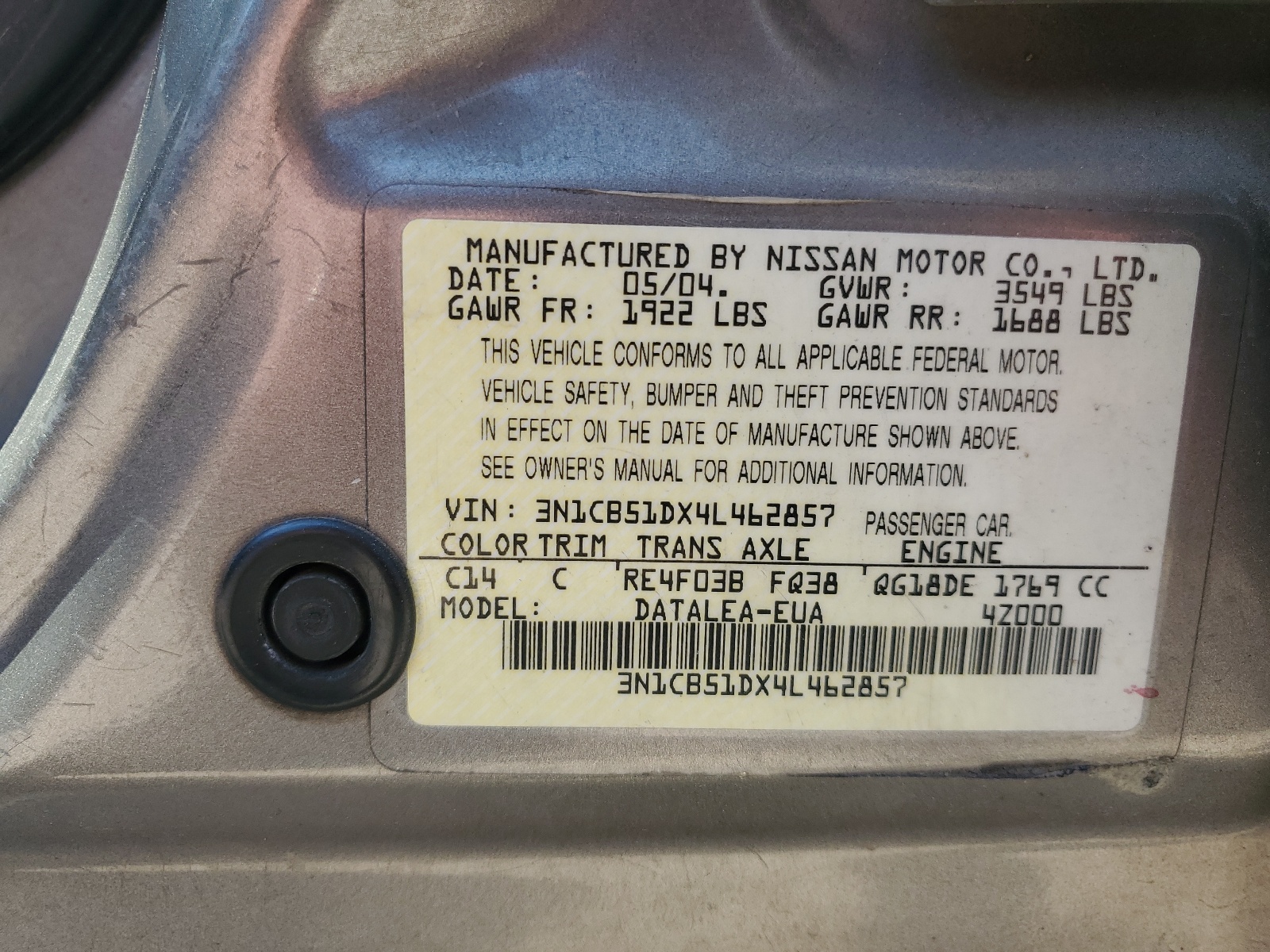 3N1CB51DX4L462857 2004 Nissan Sentra 1.8