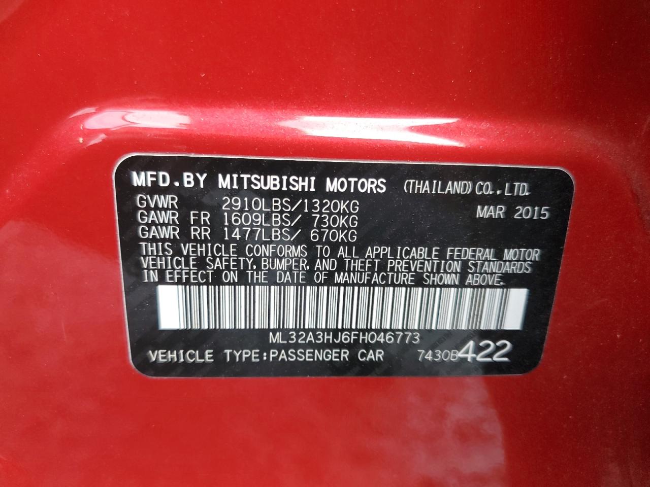 2015 Mitsubishi Mirage De VIN: ML32A3HJ6FH046773 Lot: 63282784