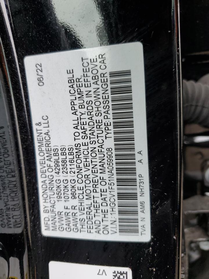2022 Honda Accord Exl VIN: 1HGCV1F51NA059908 Lot: 63976294