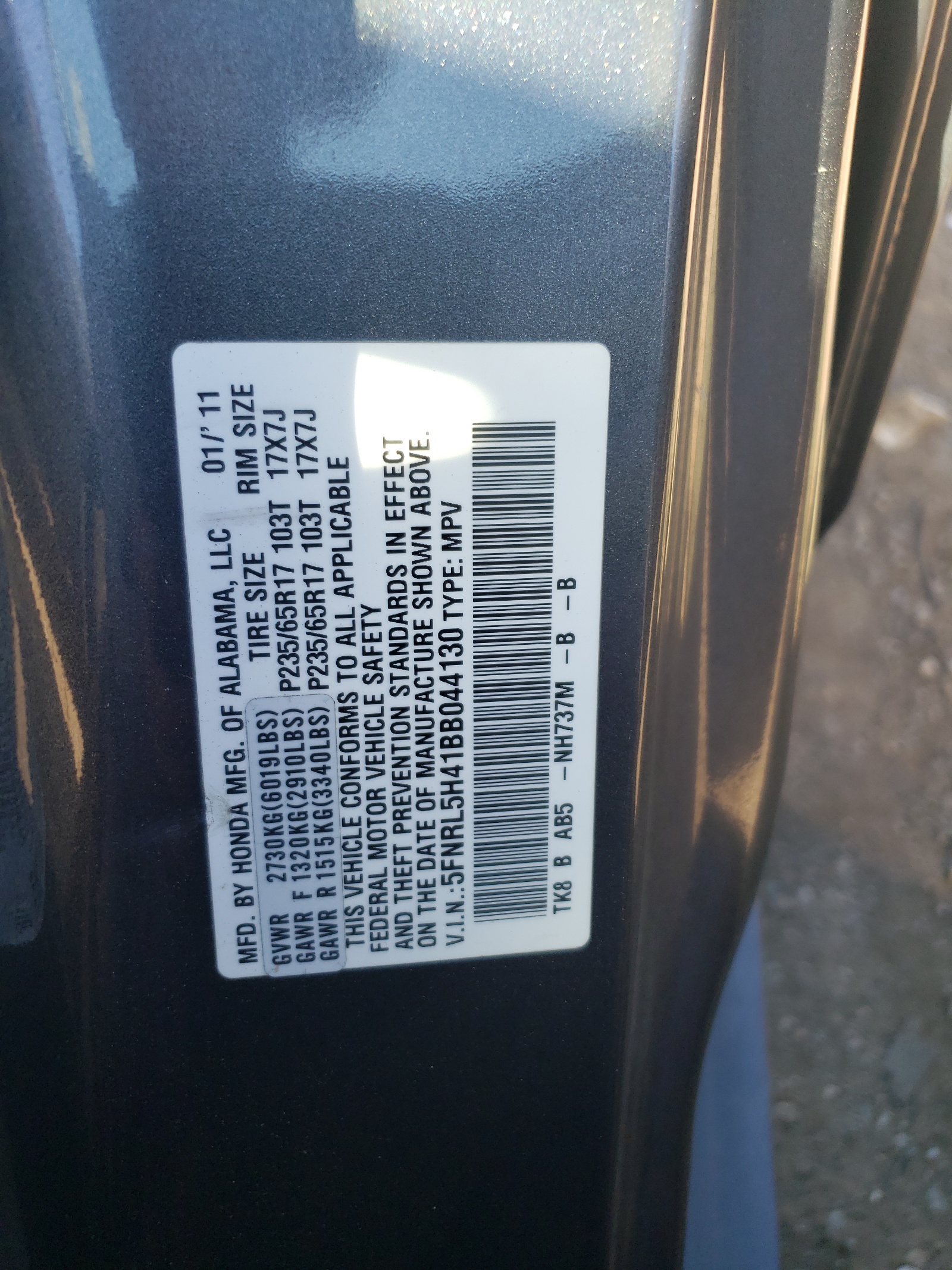 5FNRL5H41BB044130 2011 Honda Odyssey Ex